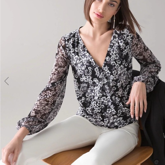 White House Black Market Matte Jersey Floral Surplice Blouse size XS - Picture 2 of 13